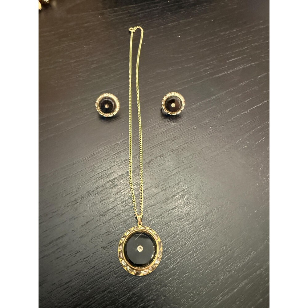 Vintage Jet Black Glass and White Rhinestone Pendant Necklace and Earring Set